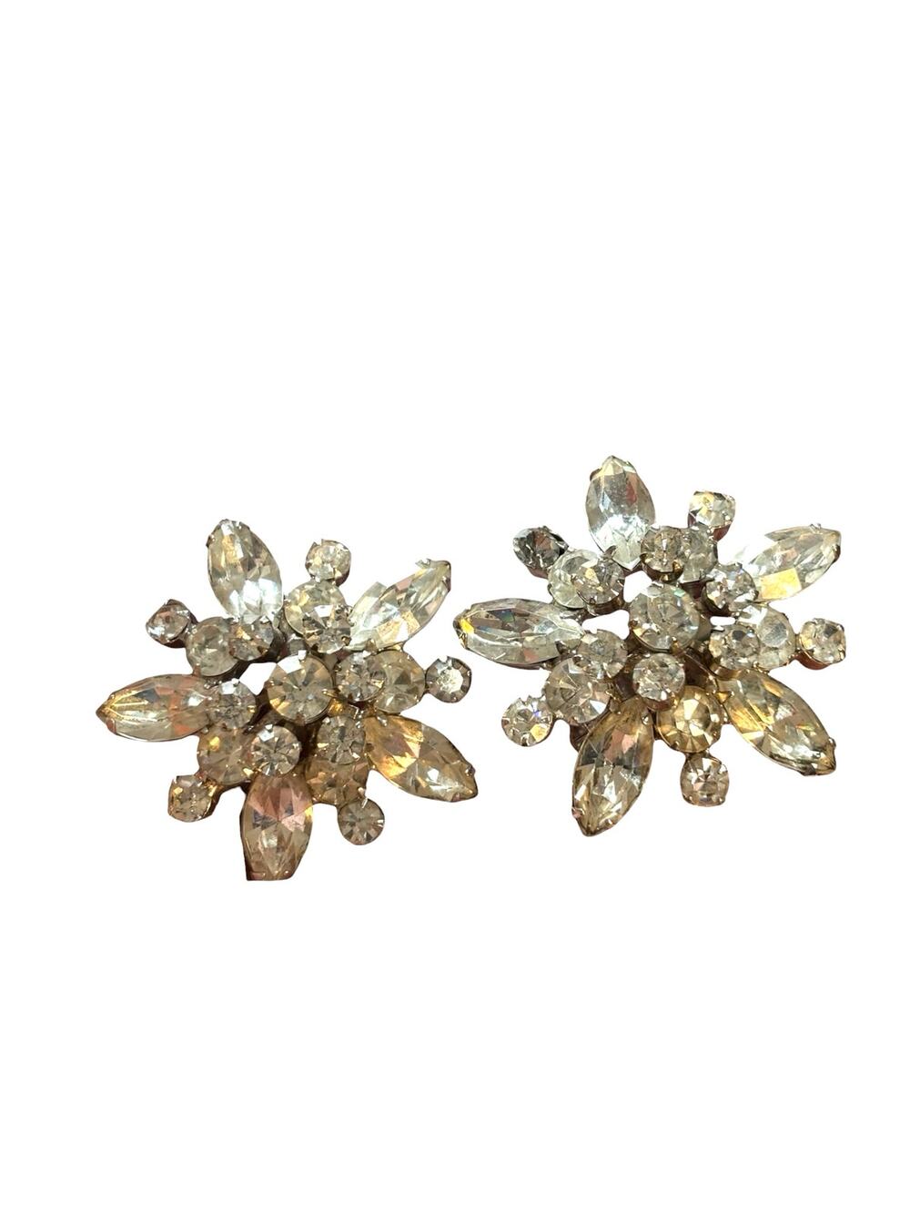 Vintage Large Rhinestone Clip On Earrings Silver Tone Statement Starburst Bridal